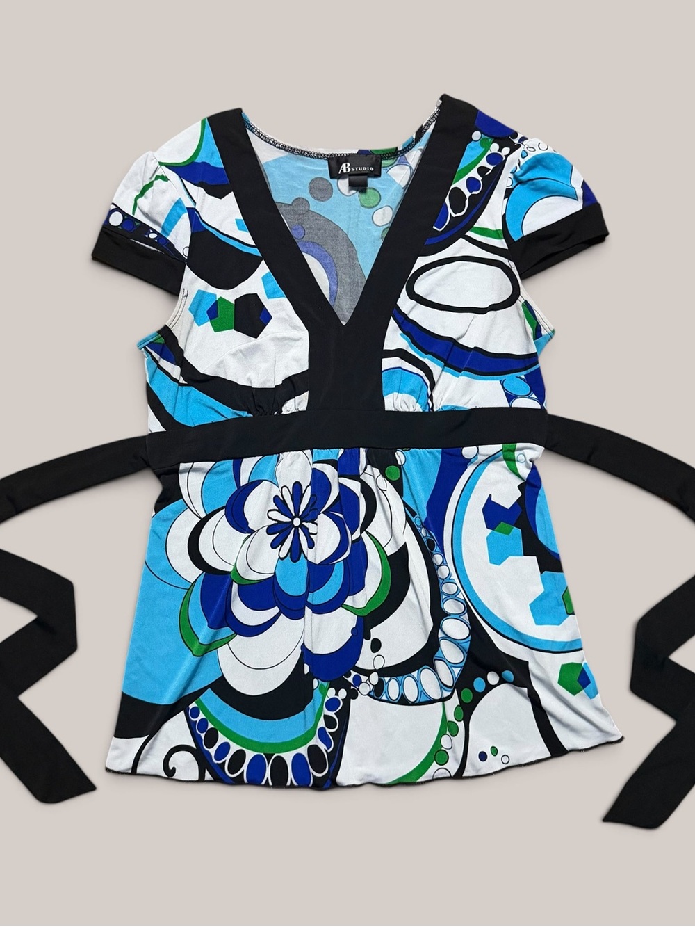 Y2K abstract floral and geometric print babydoll top w tie waist
